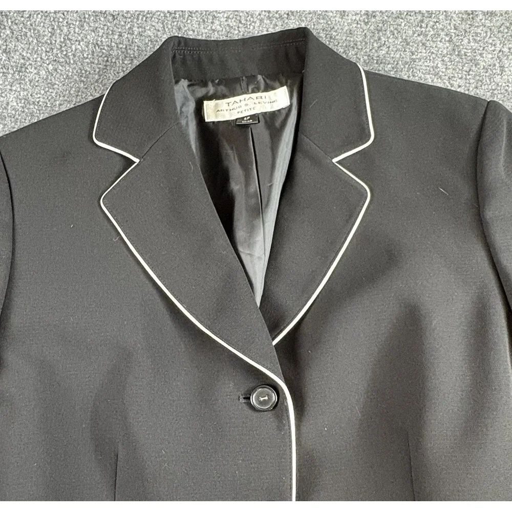 Tahari Arthur S Levine Womens 6P Black Blazer White Piping Preppy Career Office‎